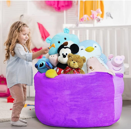 Bean Bag Chair Cover, Stuffed Animal Storage, Plush Toys Organizer Holder, Beanbag Chairs Cover for Kids Teans and Adults Super Soft and Comfortable Fabric X-Large with Handle and Zipper -Round Purple