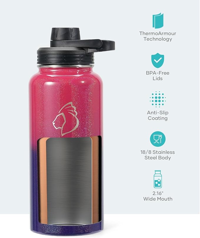 BUZIO Water Bottle with Straw lid, Spout Lid, Hand Lid and Carrying Pouch, 32oz 40oz 64oz Stainless Steel Water Flask Jug, Cold for 48 Hrs Hot for 24 Hrs Double Vacuum Thermo Canteen Mug, BPA-Free