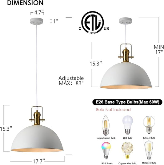 18 Inch White Farmhouse Pendant Lights Large Pendant Lights for Kitchen Island Industrial Adjustable Height Vintage Big Dome Hanging Light Fixtures for Barn, Dining Room