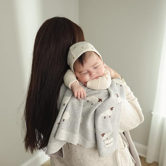 Knit Baby Swaddle Blanket for Boys - 100% Cotton Soft Cozy Lightweight Receiving Swaddling Crib Stroller Quilt Blanket for Newborns Infants Toddlers (Sheep - Baby Blue)