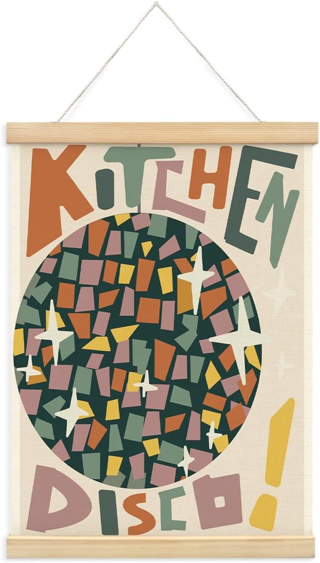 BIWSHA Kitchen Disco Posters Retro Preppy Disco Ball Canvas Poster Framed Hanger 12x16 Inch,Trendy Funny Disco Poster Framed with Wood Hanger for Home Kitchen