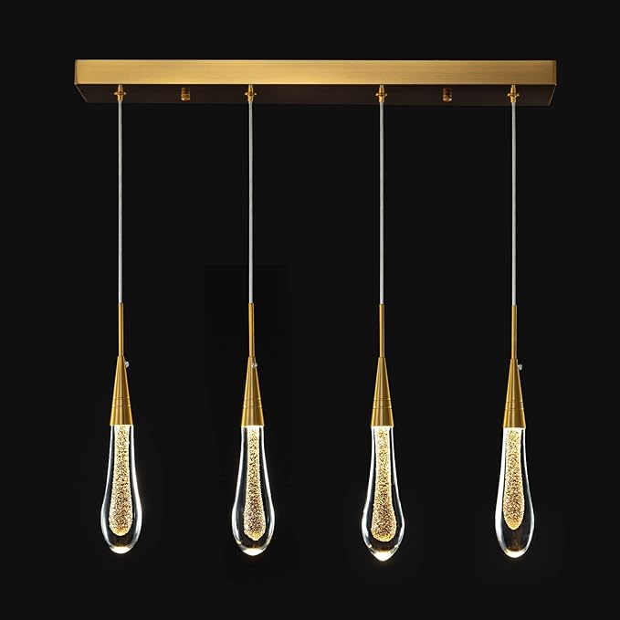 LMQNINE Kitchen Light Fixtures Ceiling Dimmable LED Modern Gold Pendant Light Mini Teardrop Crystal Pendant Light for Kitchen Island Bedroom Hallway Entryway (4-Light) (020)