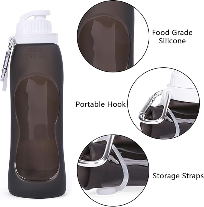 Wesoke Sport Collapsible Water Bottles Black, 500 ml/17oz Foldable Travel Water Bottle Cup, Lightweight Food Grade Silicone Reusable Leakproof Water Bottles with Carabiner for Gym Running Cycling