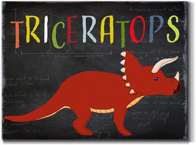 Renditions Gallery Canvas Animal Wall Art Modern Decorations Paintings Colorful Playful Triceratops Vibrant Dinosaur Canvas Wall Hanging Artwork for Kids Bedroom Nursery - 8"x12" LT33