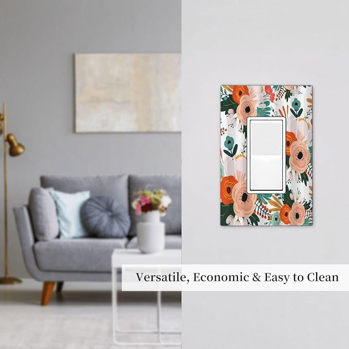Rustic Floral Boho Colorful Flower 1 Gang Rocker Light Switch Covers Single Decora Outlet Wall Plate Decorative Switchplate Faceplate GFCI for Farmhouse Bathroom Bedroom Kitchen Decor
