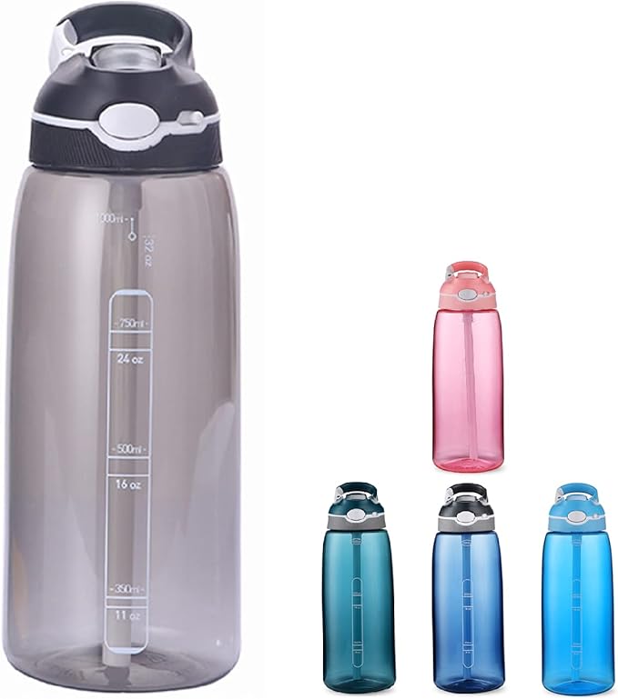 Sports Water Bottle 35 OZ, Gym Leak Proof Wide Mouth Straw Water Bottles Black BPA-Free Plastic Water Bottle Odorless Light Portable Easy Clean Water Bottles For Adults Man Woman