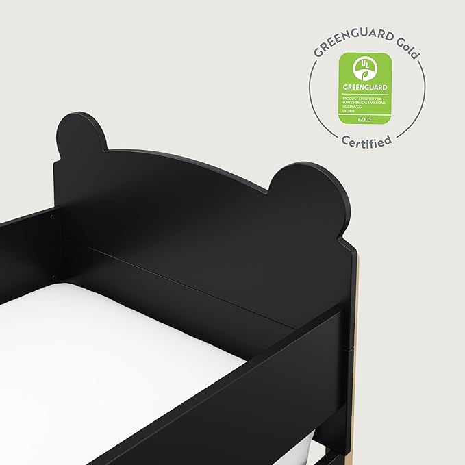 Storkcraft Teddy Bear Toddler Bed (Black with Driftwood) - GREENGUARD Gold Certified, includes Toddler Safety Guardrails, Fits Standard Crib & Toddler Mattress, Stylish 2-Tone Design