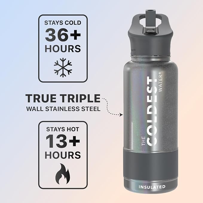 Coldest Sports Water Bottle with Straw Lid Vacuum Insulated Stainless Steel Metal Thermos Bottles Reusable Leak Proof Flask for Sports Gym(32 oz, Stardust Glitter)