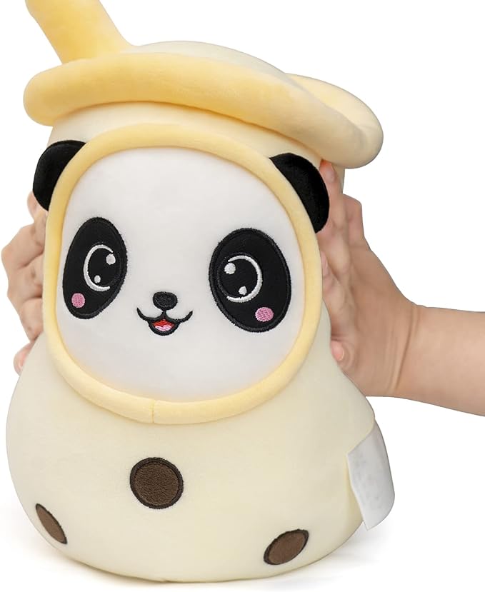 NiuniuDaddy Boba Plushies with Panda Face-13.7inches Large Yellow Cream Bubble Tea with Straw Stuffed Animals-Soft Kawaii Milk Tea Cup Plush Toy Pillow for Kids-Machine Washable,Medium