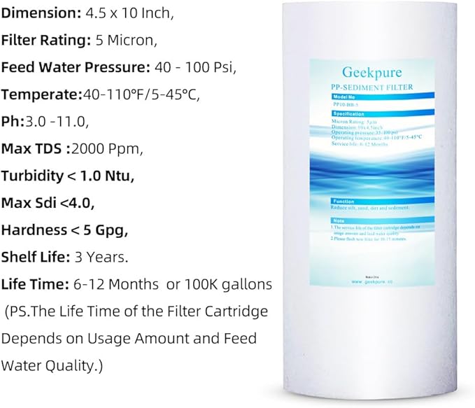 Geekpure 10 Inch PP Sediment Filter Cartridge for Whole House Water Filtration System-4.5" x 10"-5 Micron