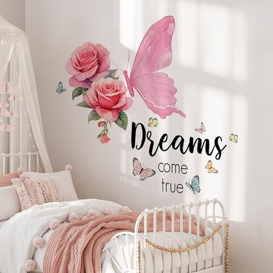 Pink Butterfly and Rose Wall Decal - "Dreams Come True" Design - 85x64cm Decorative Sticker