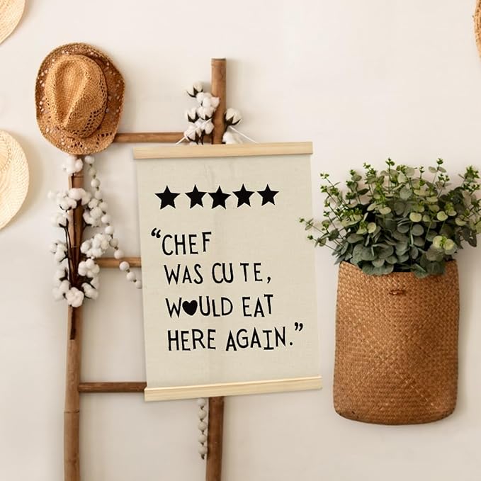 BIWSHA Cute Kitchen Canvas Poster Framed Hanger 12x16 Inch,Funny Five Star Rating Poster,Black Kitchen Quotes Decor Chef Was Cute Print, Chef Signs Decoration Trendy Cooking Art