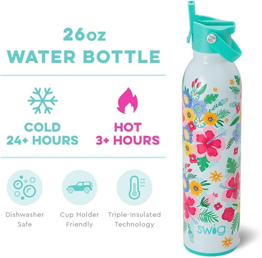Swig Life 26oz Insulated Water Bottle with Straw & Flip + Sip Handle | Leak Proof, Dishwasher Safe, Cup Holder Friendly, Stainless Steel Water Bottle (Island Bloom)