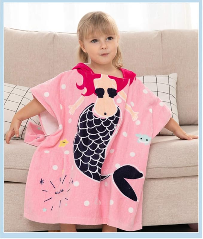 TONWHAR Kids Bath/Pool/Beach Hooded Poncho Towel-Cartoon Animal Pattern Cotton Beach Towel for Baby and Kids (Mermaid, 1-4 Years/Height:33.4"-43.3")