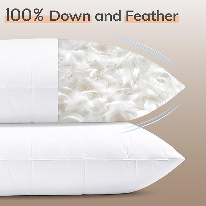 SAVORI Goose Down Feather Pillows with 100% Cotton Cover, Soft Hotel Bed Pillow for Sleeping, Cooling Pillow for Back, Stomach or Side Sleepers, Queen Size-White 20x30 Inch