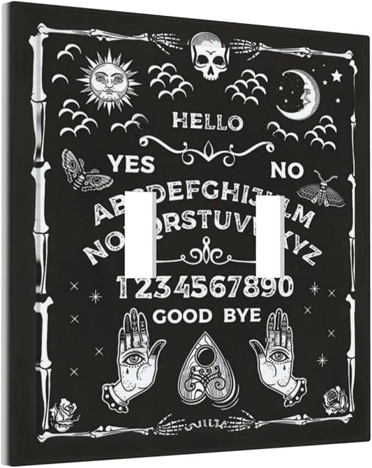 Black Witchy Skeleton Skull Gothic Sun Moon Double Toggle Novelty Light Switch Covers Decorative Unique 2 Gang Wall Plate Dual Electrical Faceplate Switchplate for Bathroom Living Room Decor