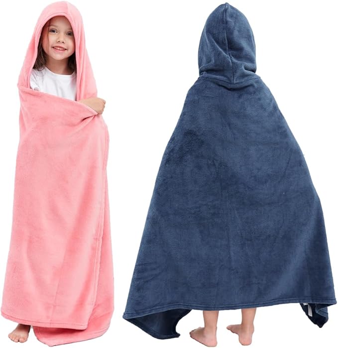 Hiturbo 2Pcs Kids Fleece Hooded Towel: Soft Plush Warm Blanket - 50"x30" Pool Beach Bath Swim Towel Wrap for 3-12 Yrs (Navy+Pink)