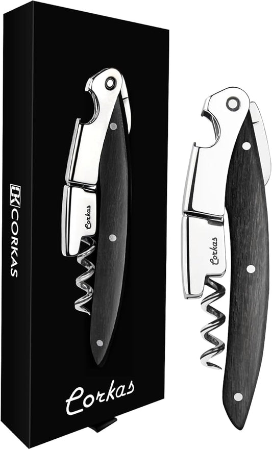 Wine Key - CORKAS Prestige Waiter Corkscrew with Ebony Handle, Handcrafted Wine Opener Manual with Double Hinged, Foil Cutter and Bottle Opener, Ideal Gifts for Sommelier, Bartenders, Servers