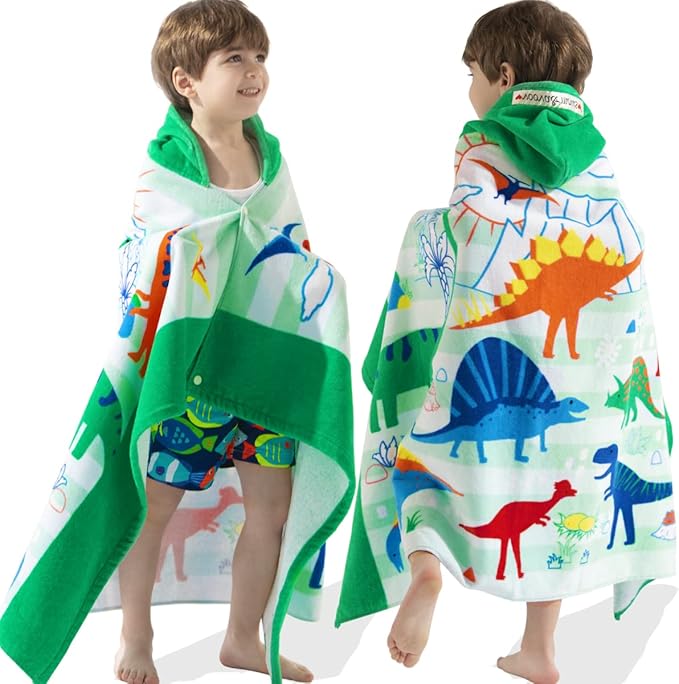 VOOVA & MOVAS Large Kids Hooded Towels | Soft Cotton (30X50 inches) Beach, Bath, Pool Towel with Hood | Summer Beach Stuff for Boys&GirlsAges 3-10 for Toddler,Jungle Dinosaur | Dino