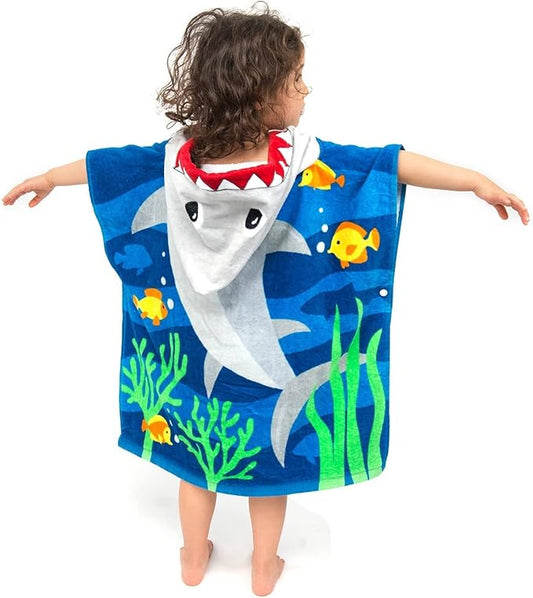 Toddler Hooded Beach Towel Coverup Cape Kids Cotton Soft Quick Dry Absorbent Use for Swim Pool Bath Poncho Towels 2 to 6 Years Old Children 24"x 47" in Full-Length (Brave Shark)