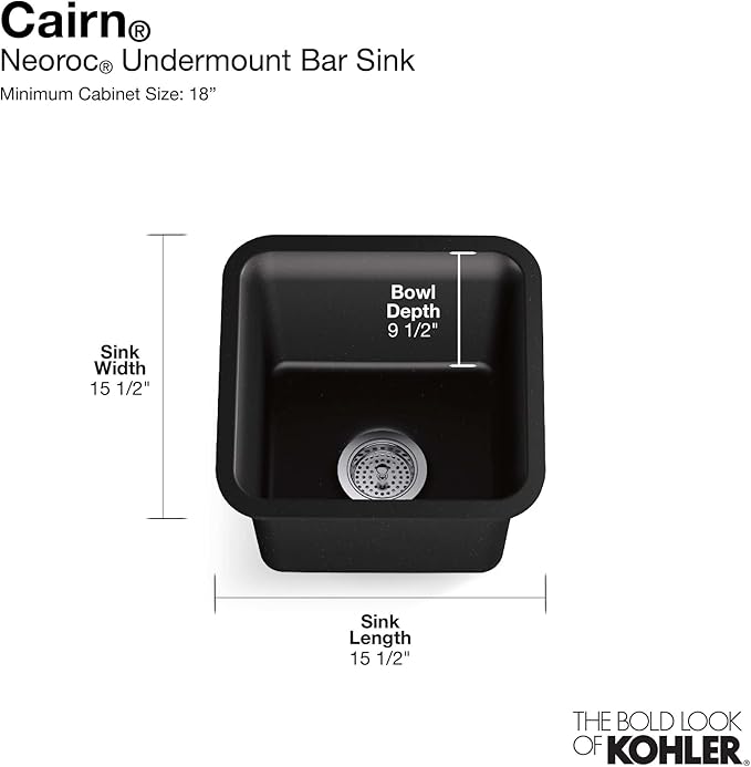 KOHLER K-8223-CM3 Cairn 15.5" Neoroc Composite Undermount Single-Bowl Bar Sink, Composite Bar Sink with Sink Rack, Matte Taupe