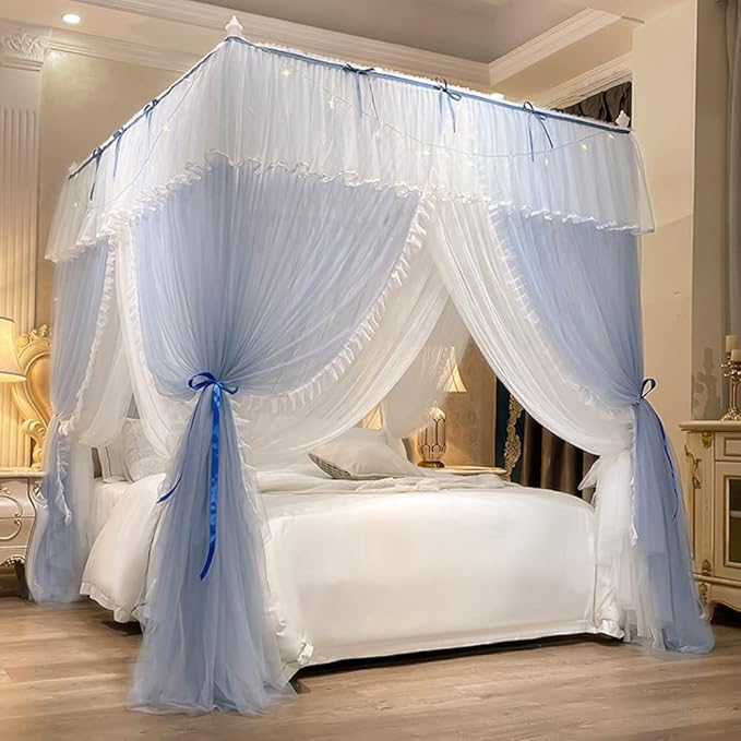 Mengersi Canopy Bed Curtains with Lights,4 Corner Bed Canopy Royal Luxurious Bed Drapes Netting,Princess Bed Curtains for Girls Adults Bedroom Decoration (Gray Blue, Twin)