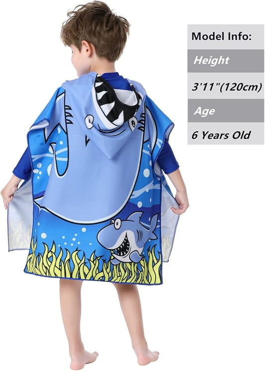 Soft Hooded Beach Towel for Kids, Toddlers Bath/Pool/Swim Poncho Cover-ups Swimwear (BLUE SHARK)