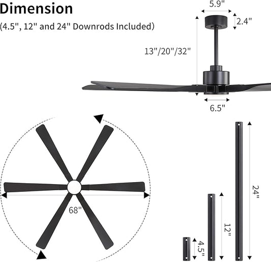 68 Inch Ceiling Fan with Lights and Remote Control, 6 Reversible ABS Blades, 6-Speed Noiseless DC Motor with 4.5" / 12" / 24" Downrods for Bedroom Dining Living Room, Black