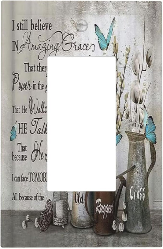 Blue Butterfly Rustic Flower Inspirational Quotes 1 Gang Rocker Light Switch Covers Single Decora Outlet Wall Plate Decorative Switchplate Faceplate GFCI for Farmhouse Country Bedroom Kitchen Decor