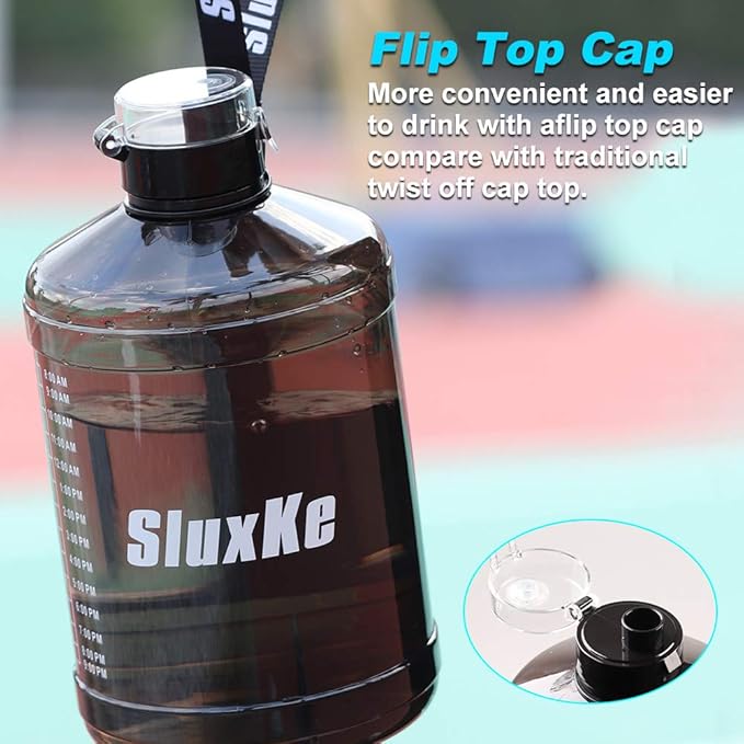 Gallon Big Water Bottle with Handle, 128oz Leakproof BPA Free Fitness Sports Water Bottle with Motivational Time Marker & Wide Mouth Ensure You Drink More Water