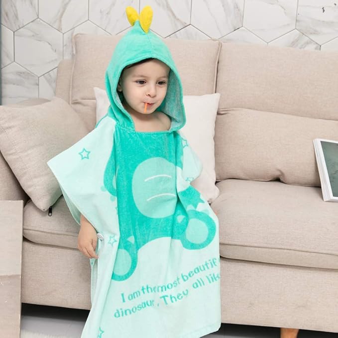 TONWHAR Kids Bath/Pool/Beach Hooded Poncho Towel-Cartoon Animal Pattern Cotton Beach Towel for Baby and Kids (Light Green Dinosaur, 1-4 Years/Height:33.4"-43.3")