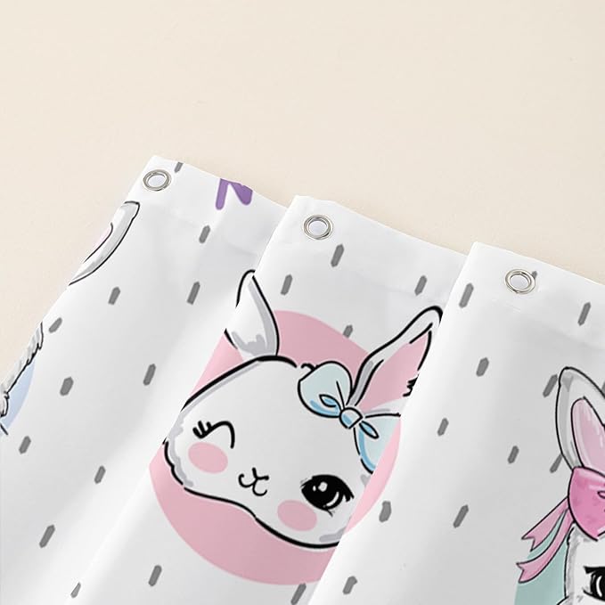 AILONEN Cute Rabbit Shower Curtain, Cartoon Kawaii Bunny Shower Curtain for Bathroom,Modern Minimalist White Waterproof Fabric Shower Curtain Set with Hooks 72" W*84" H