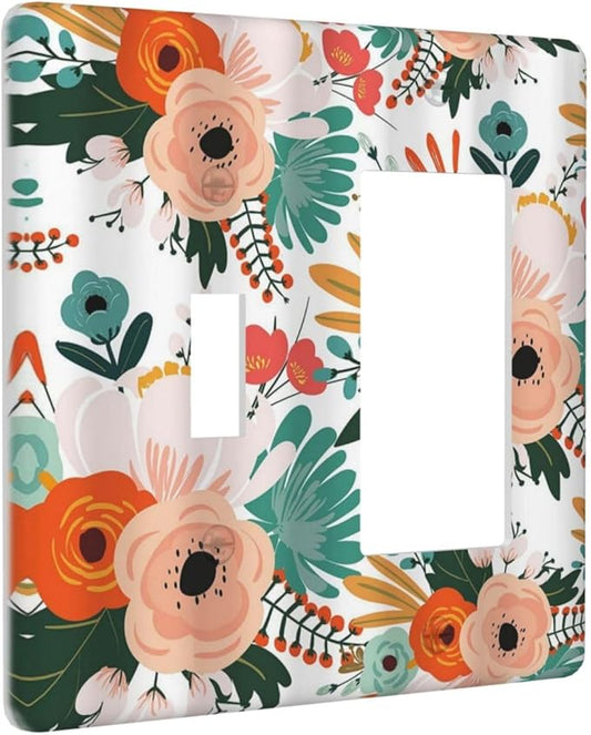 Rustic Floral Boho Colorful Flower 2 Gang Single Toggle Rocker Combination Light Switch Covers Wall Plate Cover Electrical Faceplate Decorative Switchplate for Farmhouse Bathroom Bedroom Decor