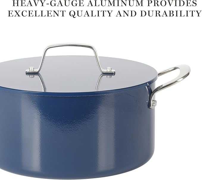 Martha Stewart Galway Premium Nonstick PFA Free Ceramic Interior 10 Piece Heavy Gauge Enamel Aluminum Pots and Pans Cookware Set W/Aluminum Lids - Navy Blue
