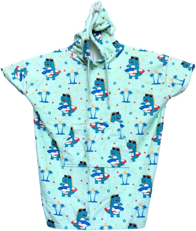 Cotton/Microfiber Kids Surf Poncho, Wetsuit Changing Towel Bath Robe with Hood and Pocket for Ages 3-7 and 8-12 (Surfer Dinos, 3-7 Years)