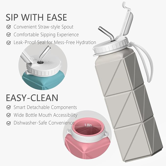 Collapsible Water Bottles, Silicone Foldable Portable Water Bottle 610ml, Lightweight Reusable Leakproof for Travel Camping Hiking Cycling Yoga Sports Outdoor