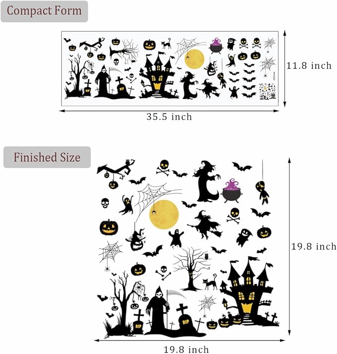 Halloween Witch Wall Decals Halloween Moon Bat Wall Stickers Happy Halloween Wall Decor Peel and Stick Vinyl Bat Ghost Spider Pumpkin Wall Art for Halloween Party Supplies.