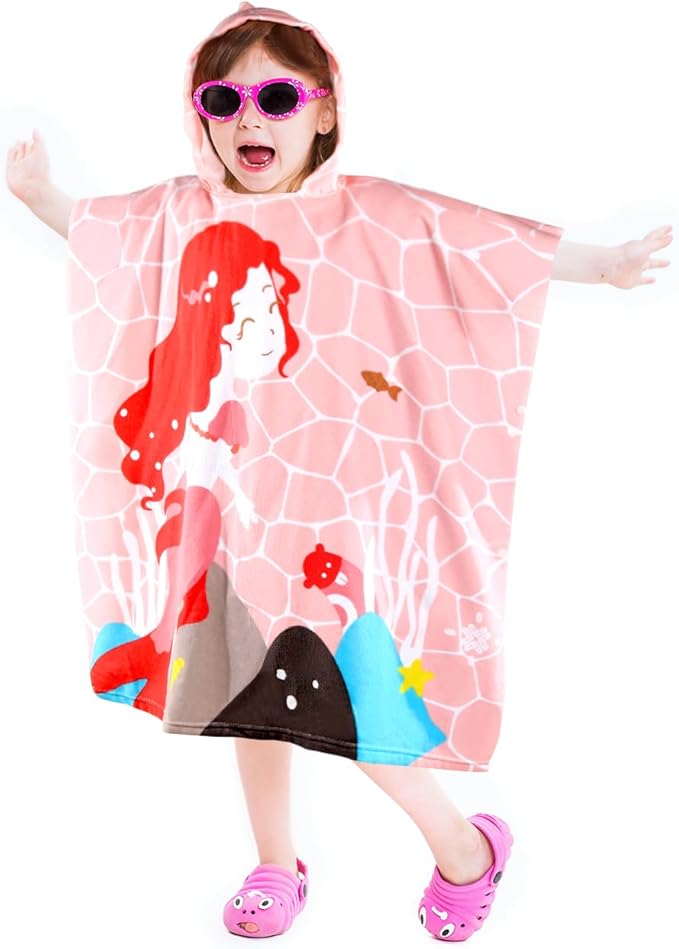 Kids Pink Mermaid Hooded Beach Towel Girls Cute Poncho Pool Towels with Hood 29*59" Soft Microfiber Swim Cover-ups for Kids Ages 3-10 Thick Absorbent Cotton Hooded Bath Towel Wrap Bathrobe