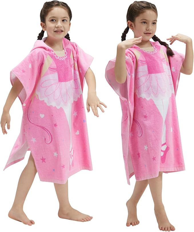 Kids Hooded Towel Bath Beach Soft Cotton Towels Girls Absorbent Pool Wrap with Hood Baby Toddler Poncho Robe(Ballerina,3-4Years/Height:33"-43")