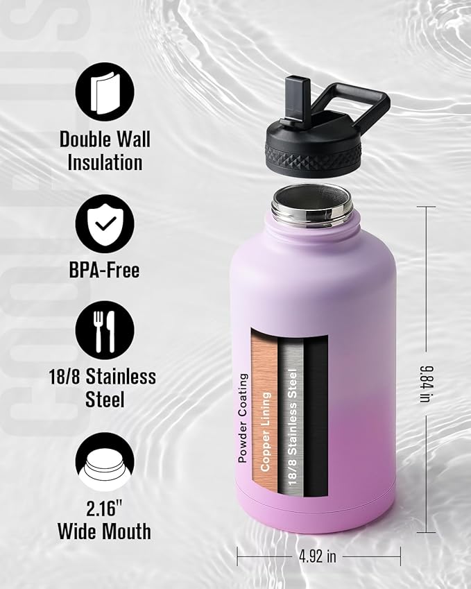 Coolplus Half Gallon Water Bottle With Straw Lid, 64 oz Insulated Stainless Steel Water Jug Metal Double-Walled Vacuum Large Flask With Carry Sleeve Leakproof, Keep Cold 48 Hrs Hot 24hrs, Purple