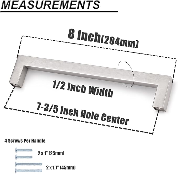 Probrico Kitchen Cabinet Drawer Handles Stainless Steel 7-3/5 Inch Hole Spacing Brushed Nickel Pulls 8 Inch Total Length 10 Pack
