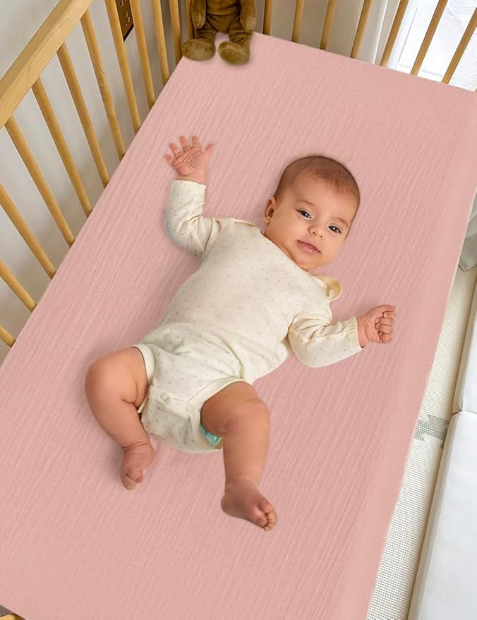Pink Muslin Pack and Play Sheets Fitted Girl, 39"x27" Neutral Portable Mini Crib Sheets or Pack n Play Mattress Pad Cover for Baby Boys (46P-01)