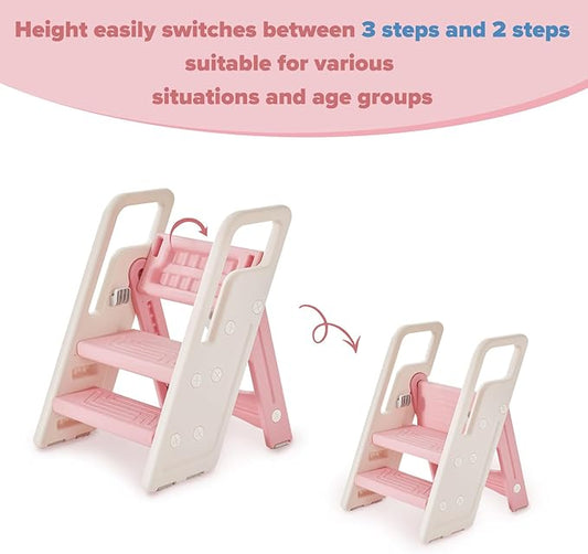 Folding Toddler Step Stool for Bathroom Sink,Adjustable 3 to 2 Step Stools for Toilet Potty Training,Sturdy Kids Step Stool for Kitchen Counter with Handle,Pink