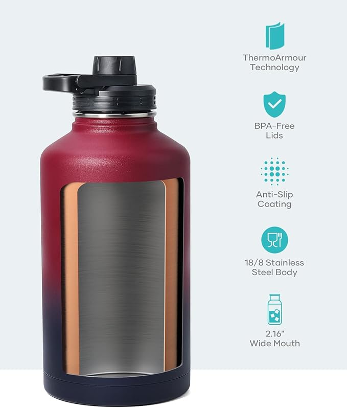 BUZIO Water Bottle with Straw lid, Spout Lid, Hand Lid and Carrying Pouch, 32oz 40oz 64oz Stainless Steel Water Flask Jug, Cold for 48 Hrs Hot for 24 Hrs Double Vacuum Thermo Canteen Mug, BPA-Free