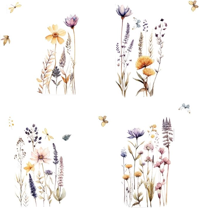 Flowers Wall Decals Wall Decor Vinyl Stickers, Wildflower Dandelion Grass Wall Art Murals, 3D Flower Pattern Self-Adhesive Wall Stickers for Girls Bedroom Living Room Nursery Decor