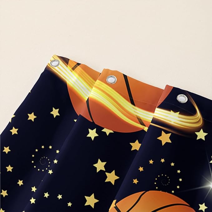 AILONEN Sports Basketball Shower Curtain for Bathroom, Space Planet Ball Print Bath Curtain,Yellow Star Basketball Kids Boys Bathroom Decor Waterproof 72" W*78" H Inch with 12 Plastic Hooks