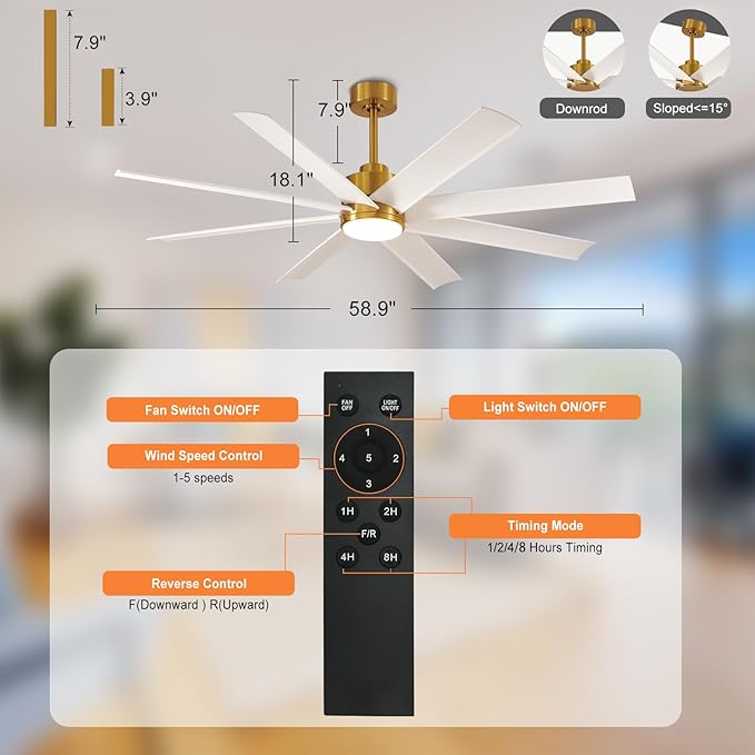 Depuley 60" Industrial DC Motor Ceiling Fan with LED Light, Indoor or Covered Outdoor Ceiling Fans for Living Room Office Bedroom Porch Patio, 5-Speed Remote App Control, White and Gold