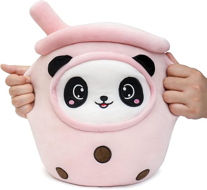 Niuniu Daddy Boba Plushies with Panda Face-13.7inches Large Pink Cream Bubble Tea with Straw Stuffed Animals-Soft Kawaii Milk Tea Cup Plush Toy Pillow for Kids-Machine Washable