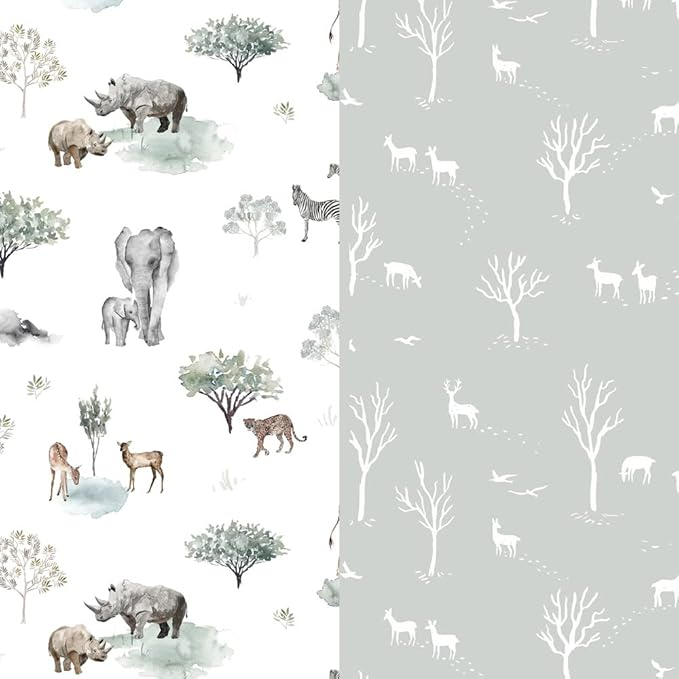 Stretch Ultra Soft Jersey Knit Fitted Pack n Play Sheets Set 2 Pack, Portable/Mini Crib Sheets for Boys and Girls, Pretty African Savannah Animals Pattern