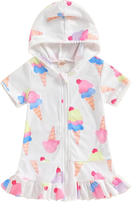 Toddler Beach Towel with Hood Kids Waffle Swim Cover Up Bath Towel Surf Poncho Boys Girls Hooded Beach Towel (White Ice Cream, 2-3 Years)